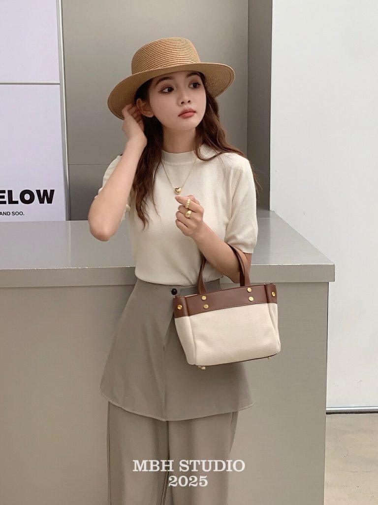 Canvas and Leather Mini Tote Bag Casual Commute Crossbody Handbag with Shoulder Strap