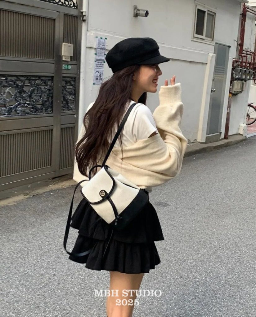 MBH Korean Depound Style Black and White Color Block Canvas and Leather Casual Backpack