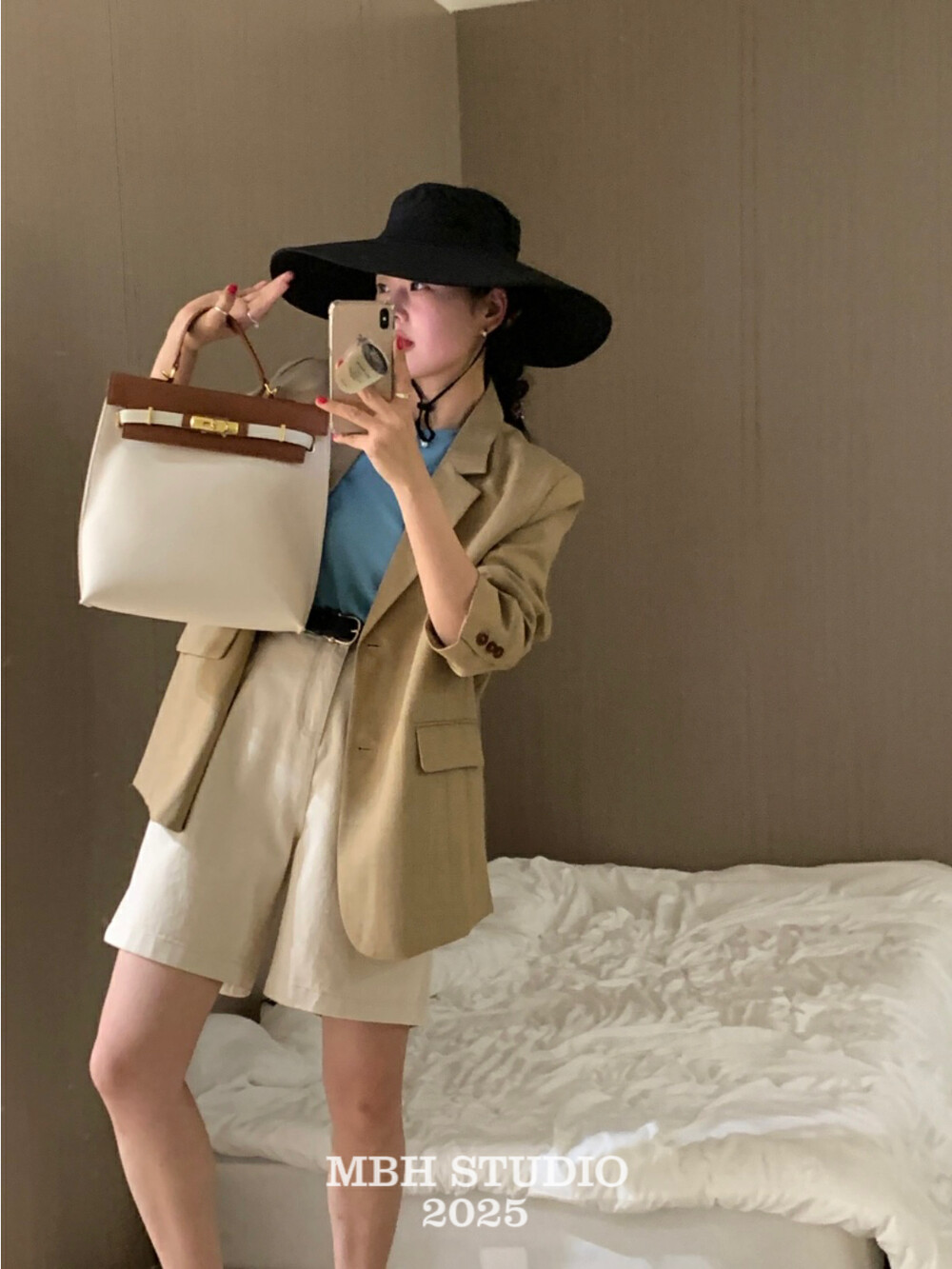 MBH Colorblock Preppy Canvas and Leather Backpack with Shoulder Strap