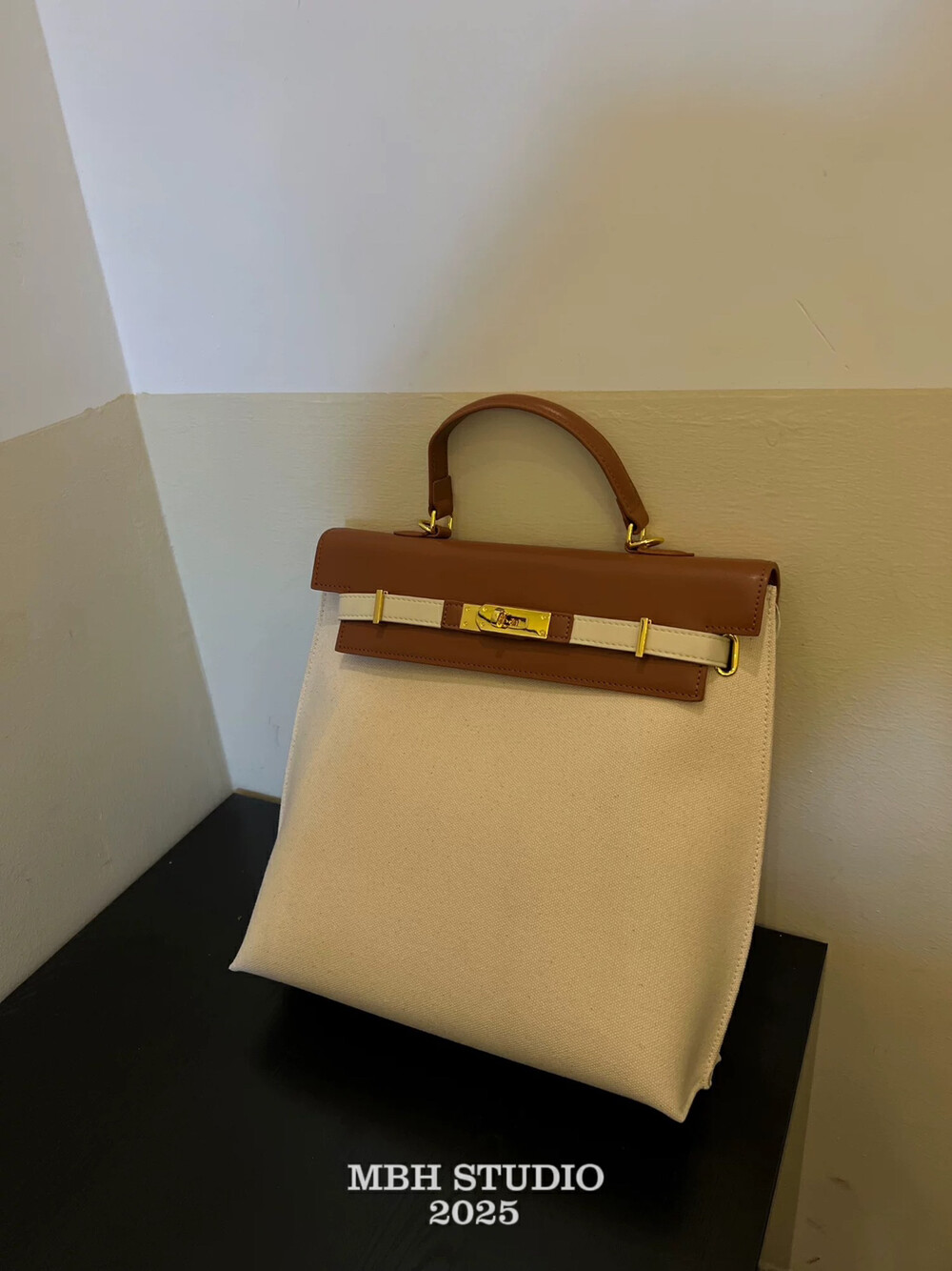 MBH Colorblock Preppy Canvas and Leather Backpack with Shoulder Strap - Image 2