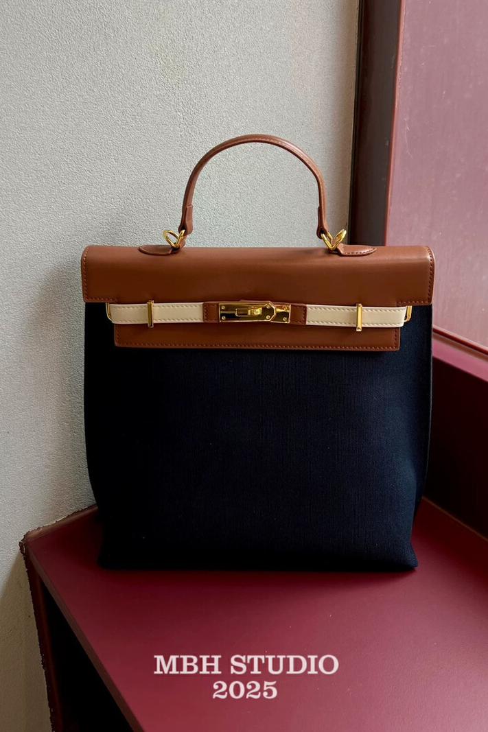 MBH Colorblock Preppy Canvas and Leather Backpack with Shoulder Strap - Image 5